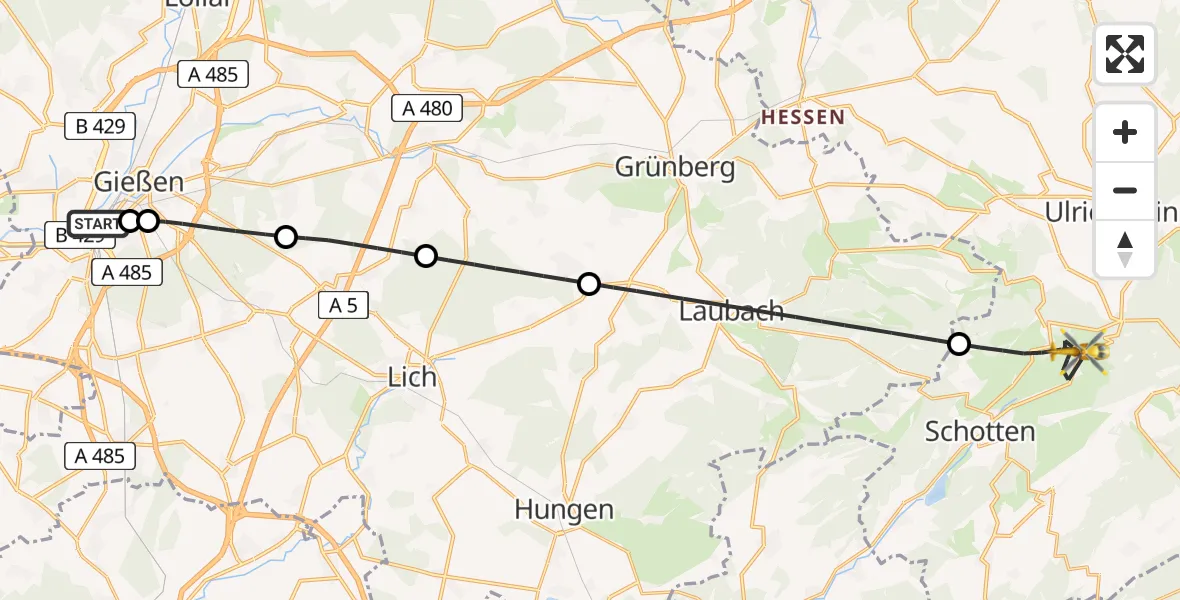 Flugroute Rettungshubschrauber Gießen - Schotten, 01 Mai 2026, 14:59