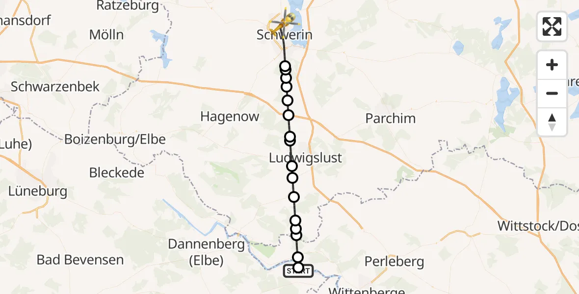 Flugroute Rettungshubschrauber Gartow - Schwerin, 01 Mai 2026, 15:00