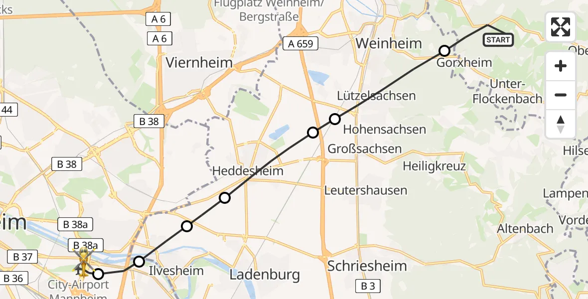 Flugroute Rettungshubschrauber Birkenau - Mannheim-City Flughafen, 01 Mai 2026, 15:02