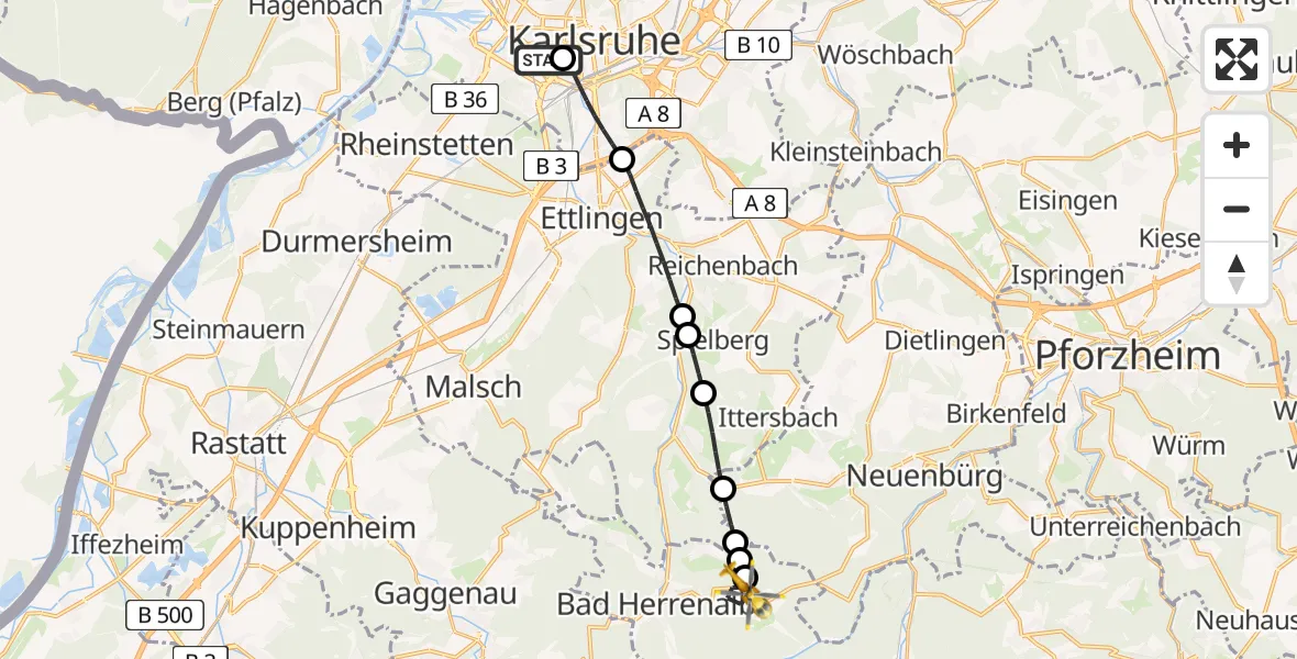 Flugroute Rettungshubschrauber Sankt Vincentius Hospital - Dobel, 01 Mai 2026, 15:05