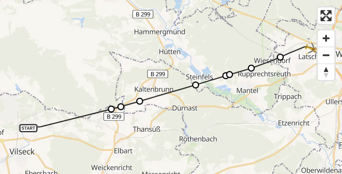Flugroute Rettungshubschrauber Vilseck - Weiden in der Oberpfalz Flugplatz, 01 Mai 2026, 15:05