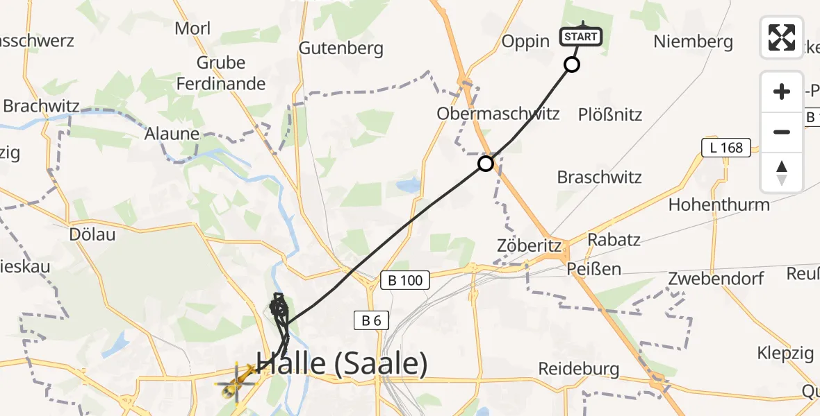 Flugroute Rettungshubschrauber Halle-Oppin Flugplatz - Halle (Saale), 01 Mai 2026, 15:08