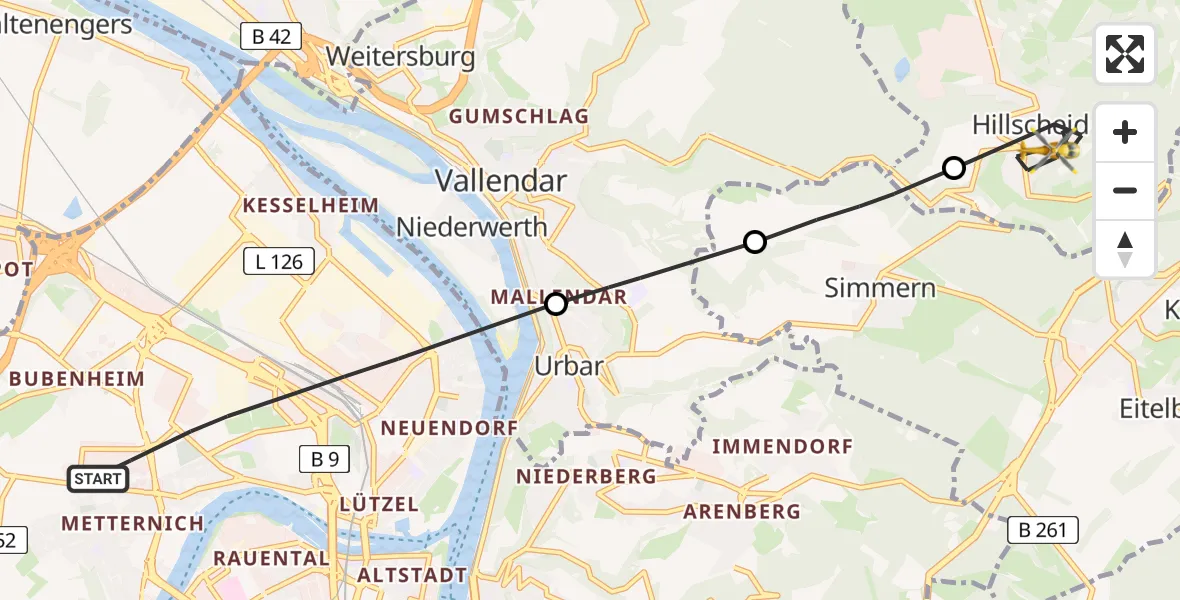 Flugroute Rettungshubschrauber Koblenz - Hillscheid, 01 Mai 2026, 15:13