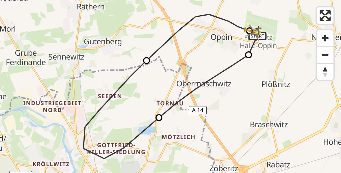 Flugroute Ambulanzhubschrauber Halle-Oppin Flugplatz - Halle-Oppin Flugplatz, 01 Mai 2026, 15:17