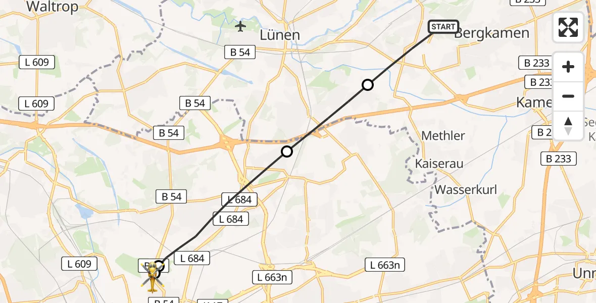 Flugroute Rettungshubschrauber Bergkamen - Dortmund Hospital North, 01 Mai 2026, 15:18