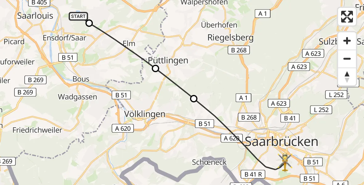 Flugroute Rettungshubschrauber Ensdorf - Saarbrücken, 01 Mai 2026, 15:18