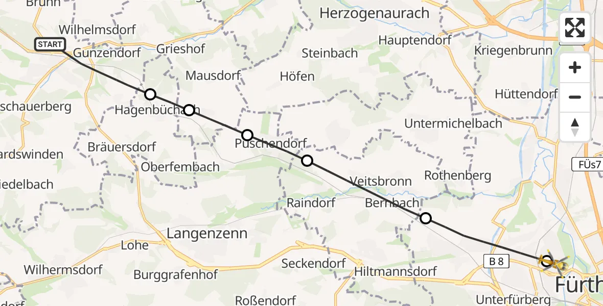 Flugroute Rettungshubschrauber Emskirchen - Fürth Hospital, 01 Mai 2026, 15:20