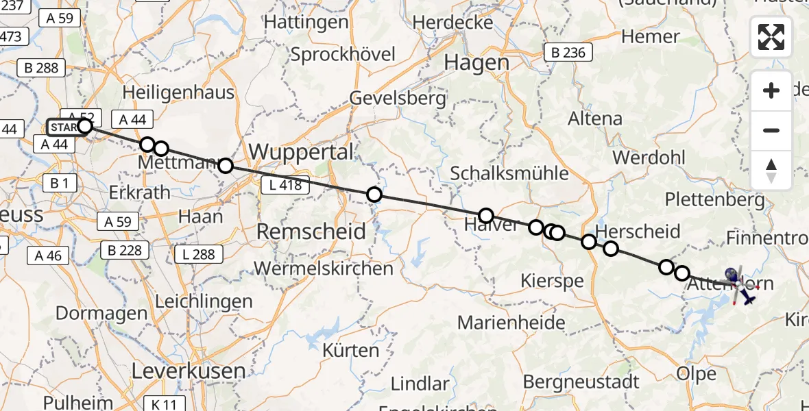 Flugroute Polizeihubschrauber Düsseldorf Flughafen - Attendorn, 01 Mai 2026, 15:23