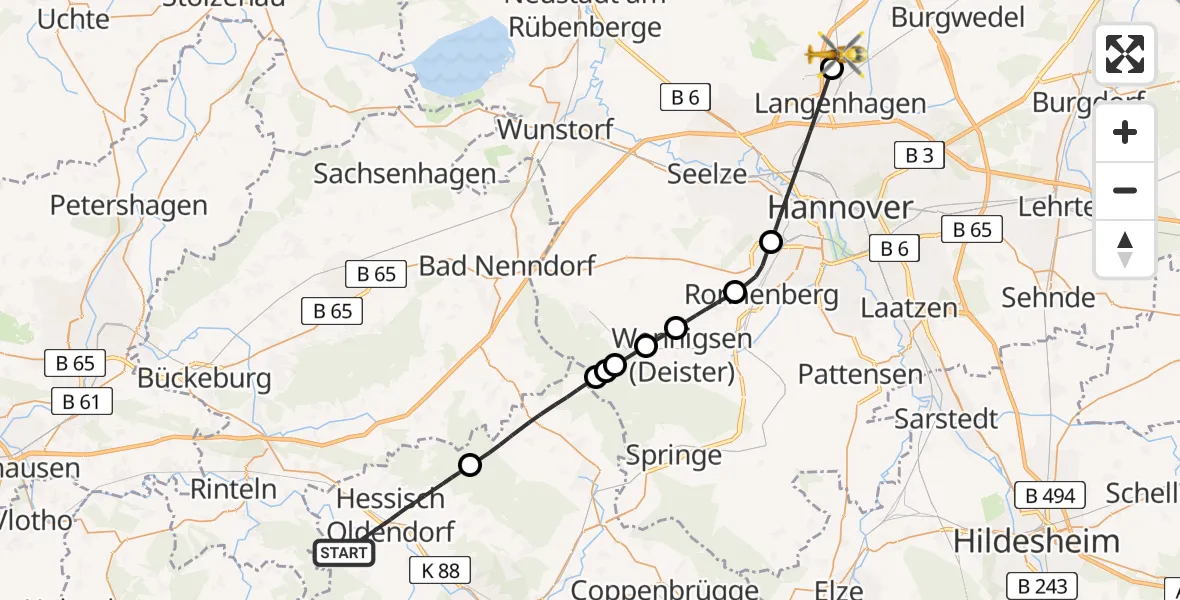 Flugroute Rettungshubschrauber Hessisch Oldendorf - Langenhagen, 01 Mai 2026, 15:24