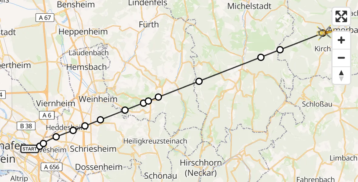 Flugroute Rettungshubschrauber Mannheim-City Flughafen - Amorbach, 01 Mai 2026, 15:44