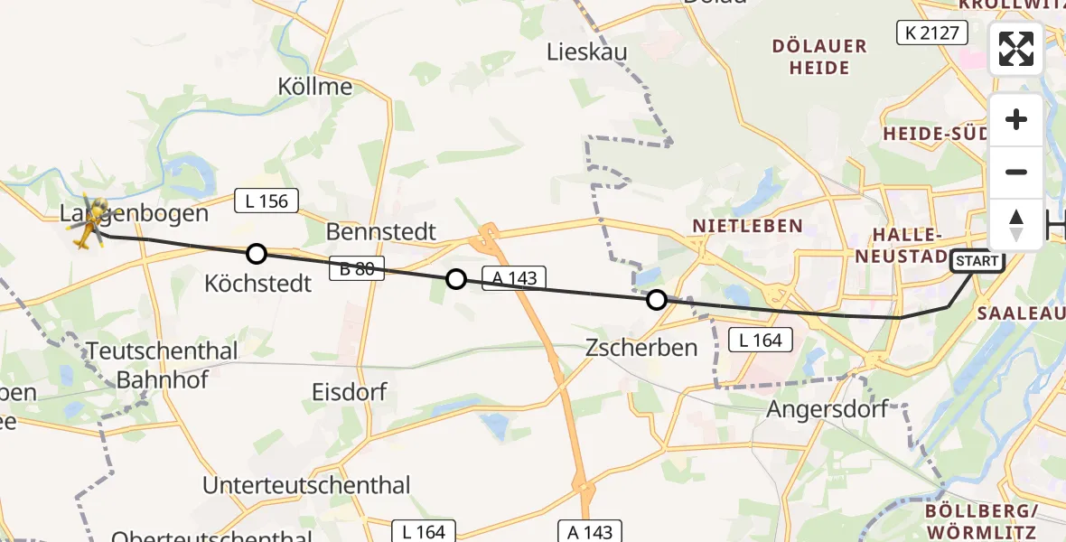 Flugroute Rettungshubschrauber Halle (Saale) - Teutschenthal, 01 Mai 2026, 15:45
