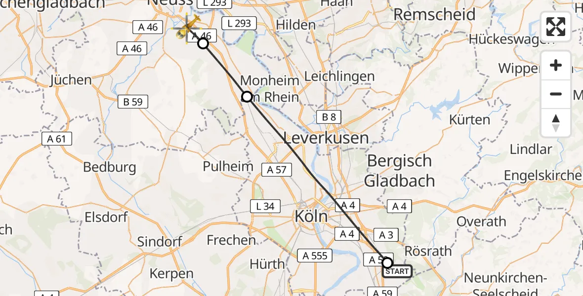 Flugroute Rettungshubschrauber Köln Bonn Flughafen - Neuss, 01 Mai 2026, 15:46