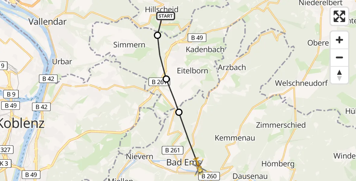 Flugroute Rettungshubschrauber Hillscheid - Bad Ems, 01 Mai 2026, 15:47