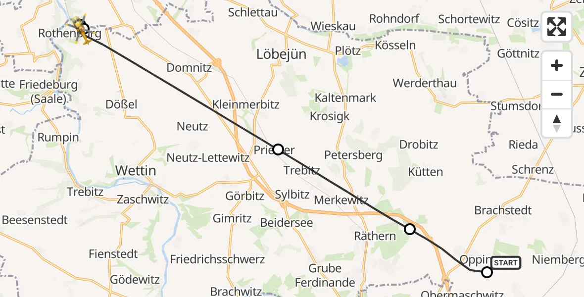 Flugroute Ambulanzhubschrauber Halle-Oppin Flugplatz - Wettin-Löbejün, 01 Mai 2026, 15:48