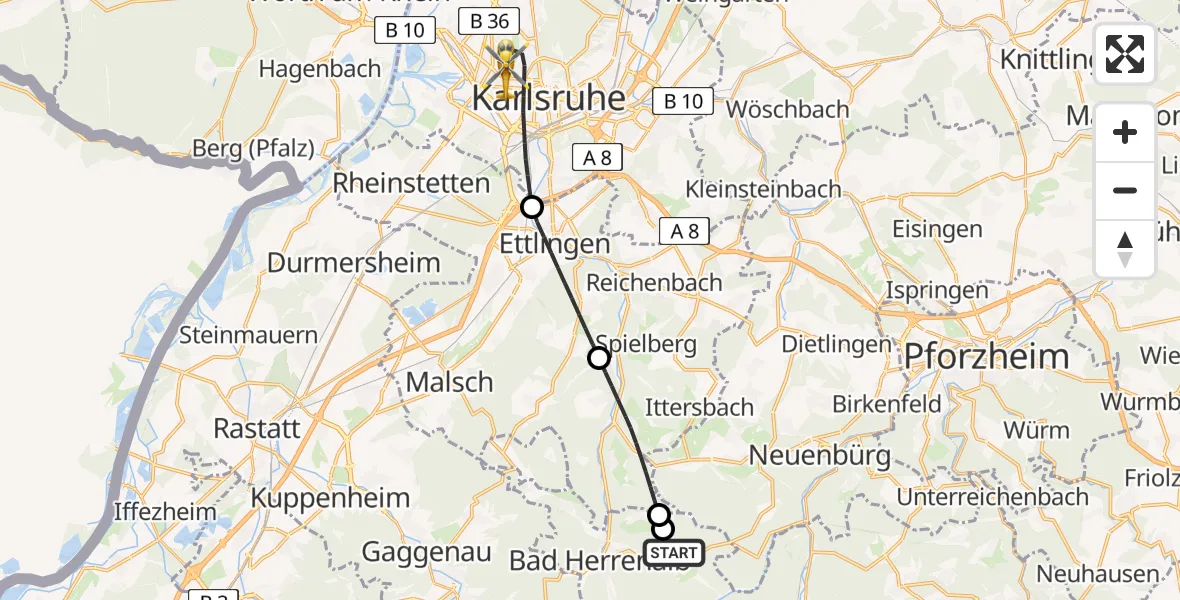 Flugroute Rettungshubschrauber Dobel - Karlsruhe, 01 Mai 2026, 15:50