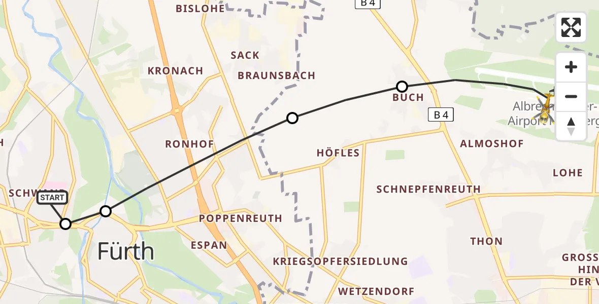 Flugroute Rettungshubschrauber Fürth Hospital - Flughafen Nuremberg, 01 Mai 2026, 15:54