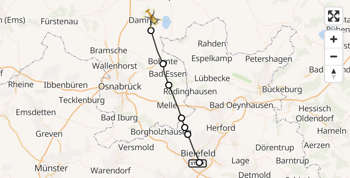 Flugroute Rettungshubschrauber Luftrettungszentrum Bielefeld - Damme, 01 Mai 2026, 16:01
