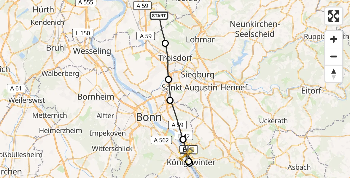 Flugroute Ambulanzhubschrauber Köln Bonn Flughafen - Königswinter, 01 Mai 2026, 16:02