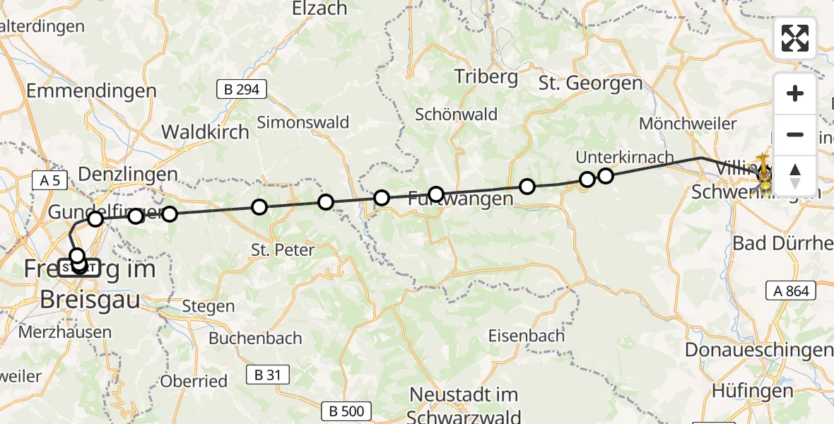 Flugroute Ambulanzhubschrauber Freiburg University Hospital Heliport 1 - DRF Air Rescue Station Villingen-Schwenningen Hubschrauberlandeplatz (Christoph 11), 01 Mai 2026, 16:05