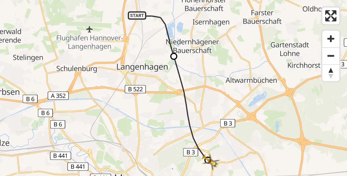 Flugroute Rettungshubschrauber Langenhagen - Hannover Luftrettung Hubschrauberlandeplatz (Christoph 4), 01 Mai 2026, 16:08