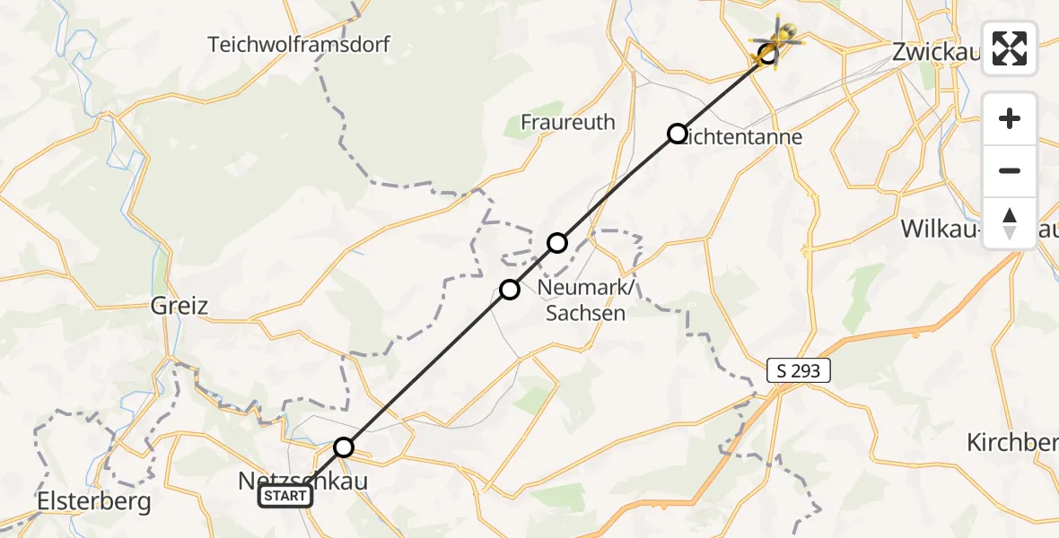 Flugroute Rettungshubschrauber Netzschkau - ADAC Air Rescue Station Zwickau Hubschrauberlandeplatz, 01 Mai 2026, 16:10