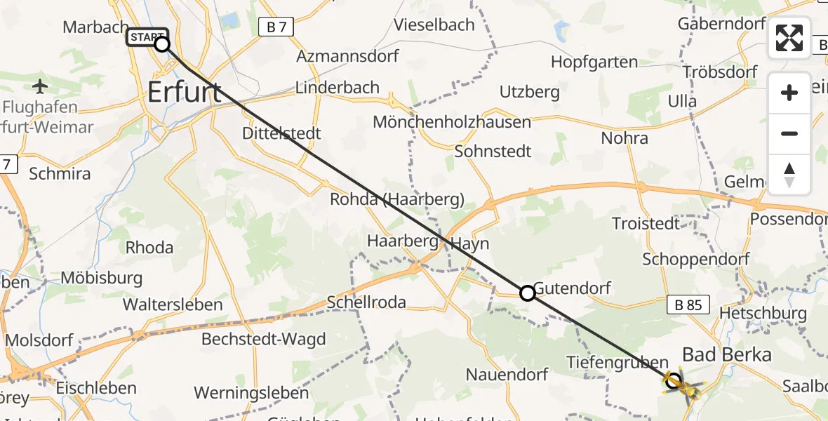 Flugroute Ambulanzhubschrauber Helios Clinic Erfurt - DRF Rettungsstation Bad Berka Hubschrauberlandeplatz, 01 Mai 2026, 16:17