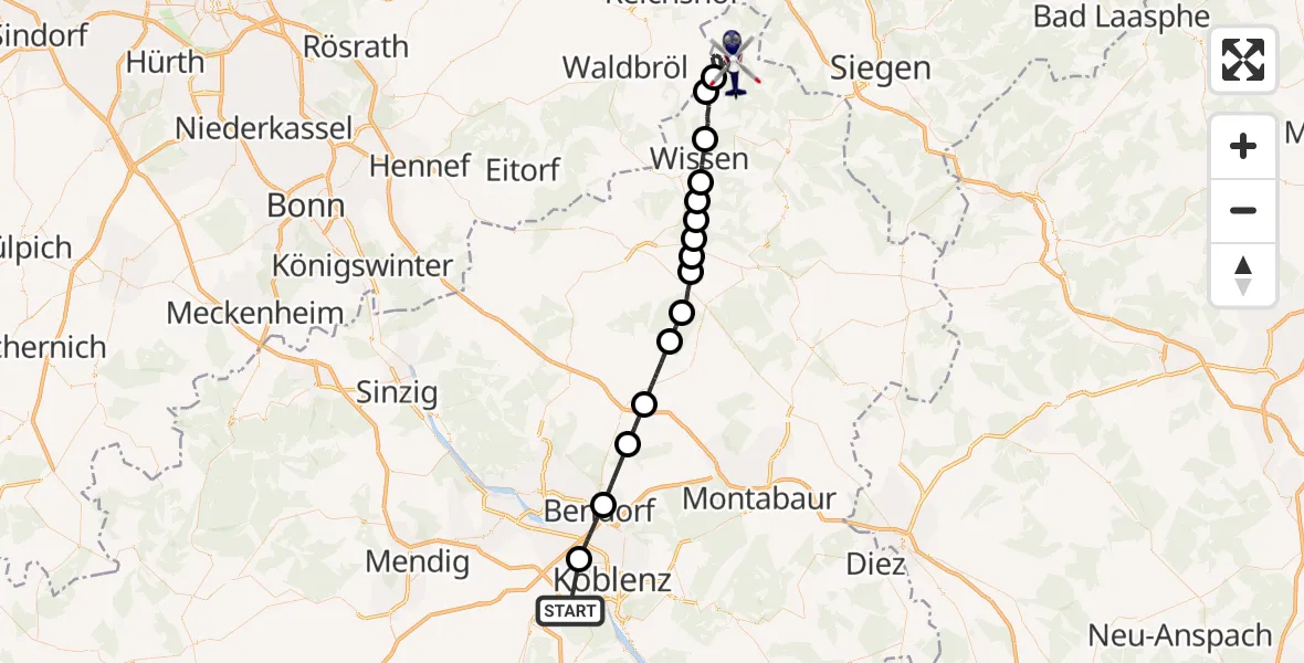 Flugroute Polizeihubschrauber Koblenz-Winningen Flugplatz - Friesenhagen, 01 Mai 2026, 16:18
