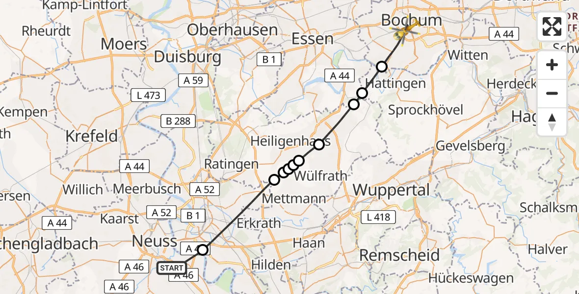 Flugroute Rettungshubschrauber Neuss - Bochum, 01 Mai 2026, 16:24