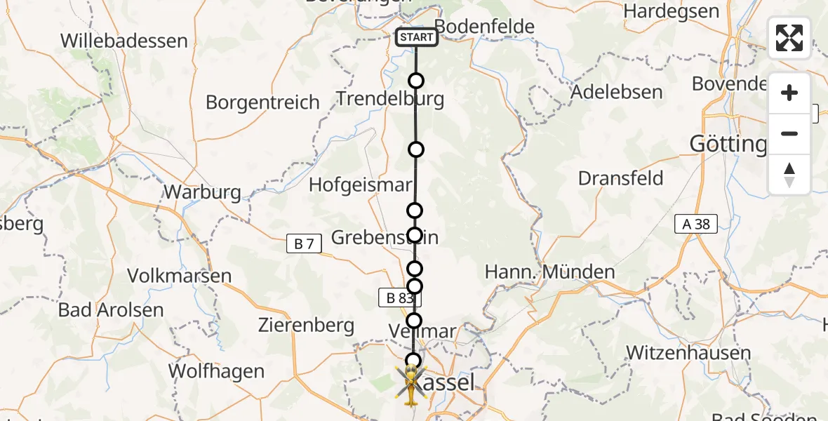 Flugroute Rettungshubschrauber Bad Karlshafen - Kassel, 01 Mai 2026, 16:24