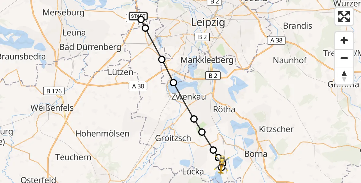 Flugroute Rettungshubschrauber ADAC Air Rescue Station Leipzig/Schkeuditz-Dölzig Hubschrauberlandeplatz (Christoph 61) - Regis-Breitingen, 01 Mai 2026, 16:30