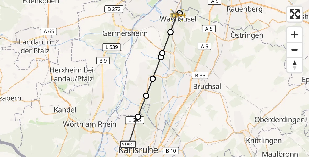 Flugroute Rettungshubschrauber Karlsruhe - Oberhausen-Rheinhausen, 01 Mai 2026, 16:31