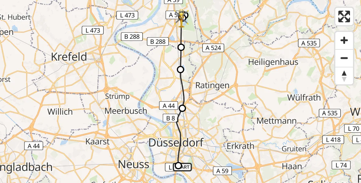 Flugroute Rettungshubschrauber Düsseldorf University Hospital - Duisburg Air Rescue Hubschrauberlandeplatz (Christoph 9), 01 Mai 2026, 16:31