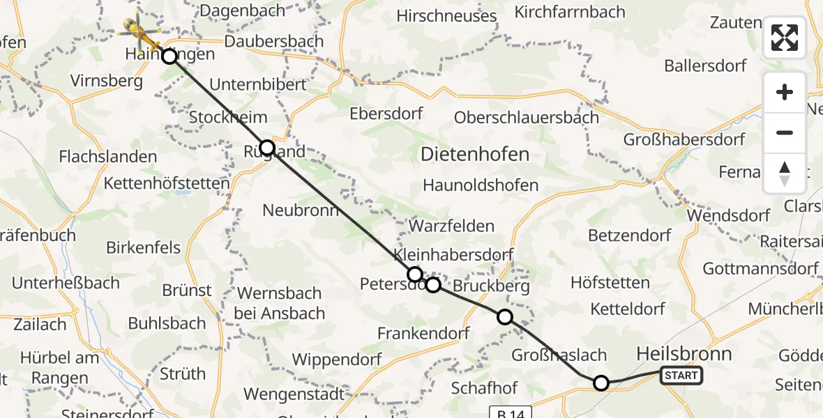 Flugroute Rettungshubschrauber Heilsbronn - Flachslanden, 01 Mai 2026, 16:32