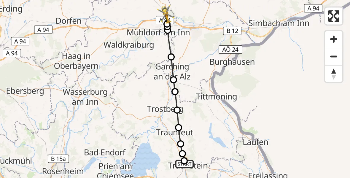 Flugroute Rettungshubschrauber Traunstein Hospital - Erharting, 01 Mai 2026, 16:35