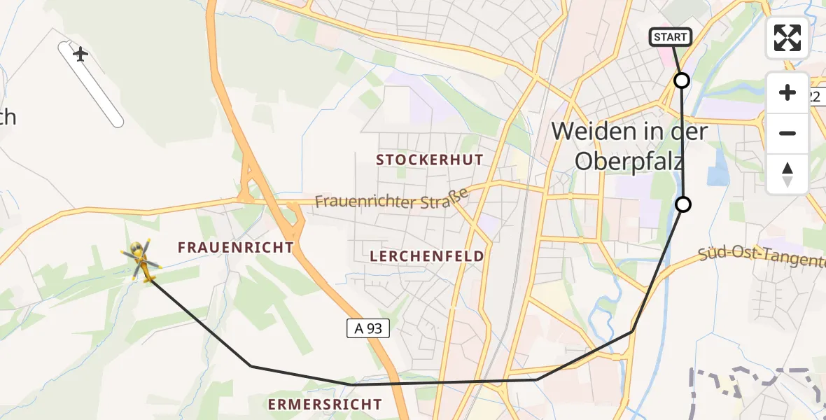 Flugroute Rettungshubschrauber Weiden Hospital - Weiden i.d.OPf., 01 Mai 2026, 16:48