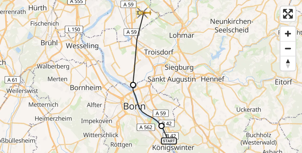 Flugroute Ambulanzhubschrauber Königswinter - Köln Bonn Flughafen, 01 Mai 2026, 16:49