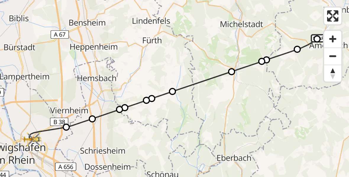 Flugroute Rettungshubschrauber Weilbach - Mannheim, 01 Mai 2026, 16:50