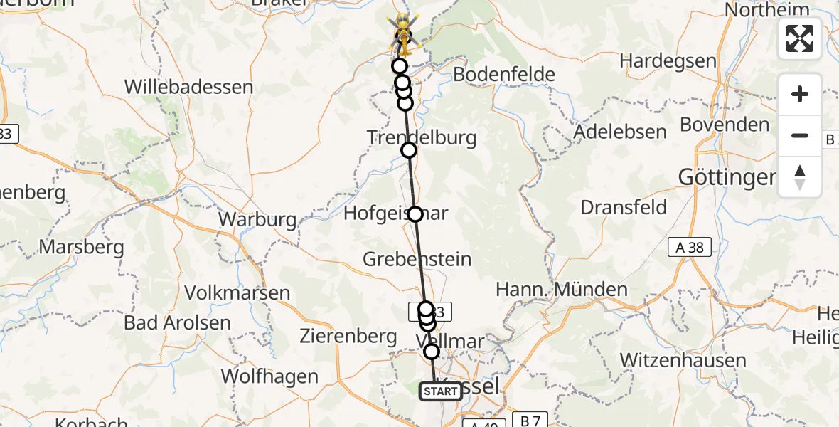 Flugroute Rettungshubschrauber Kassel - Beverungen, 01 Mai 2026, 16:50