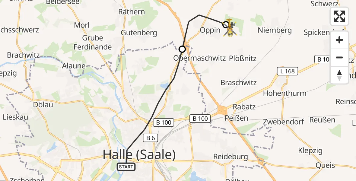 Flugroute Ambulanzhubschrauber Halle (Saale) - Halle-Oppin Flugplatz, 01 Mai 2026, 16:57