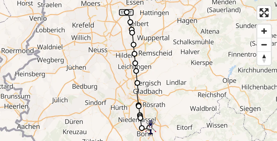 Flugroute Polizeihubschrauber Essen-Mülheim Flughafen - Sankt Augustin, 01 Mai 2026, 16:59
