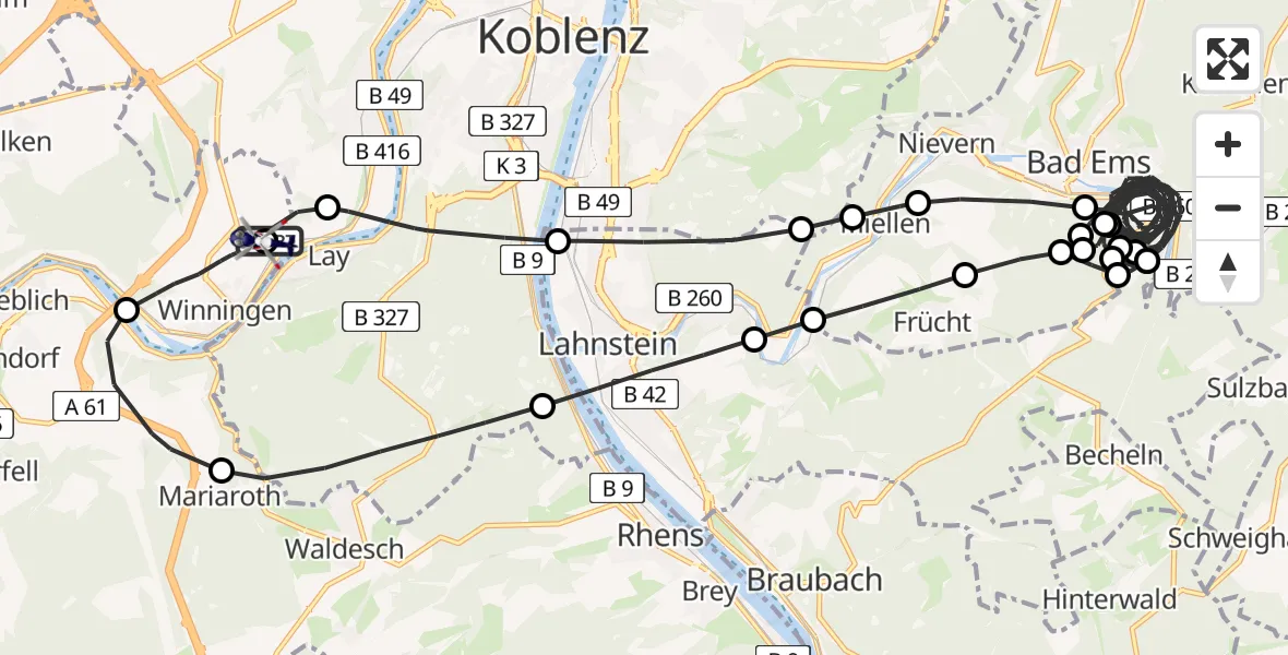 Flugroute Polizeihubschrauber Koblenz-Winningen Flugplatz - Koblenz-Winningen Flugplatz, 01 Mai 2026, 17:00