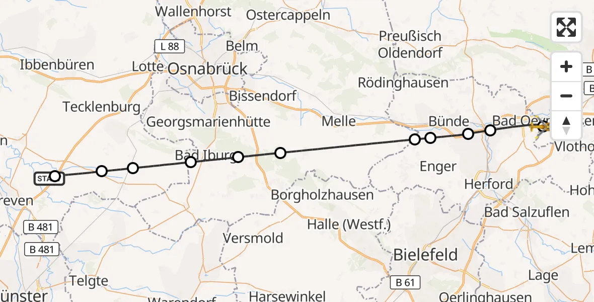 Flugroute Ambulanzhubschrauber Greven - Bad Oeynhausen, 01 Mai 2026, 17:11