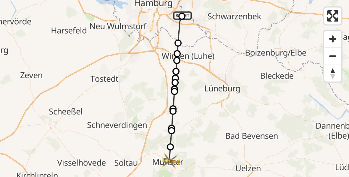 Flugroute Ambulanzhubschrauber Christoph Hansa ADAC Hubschrauberlandeplatz - Munster, 01 Mai 2026, 17:13