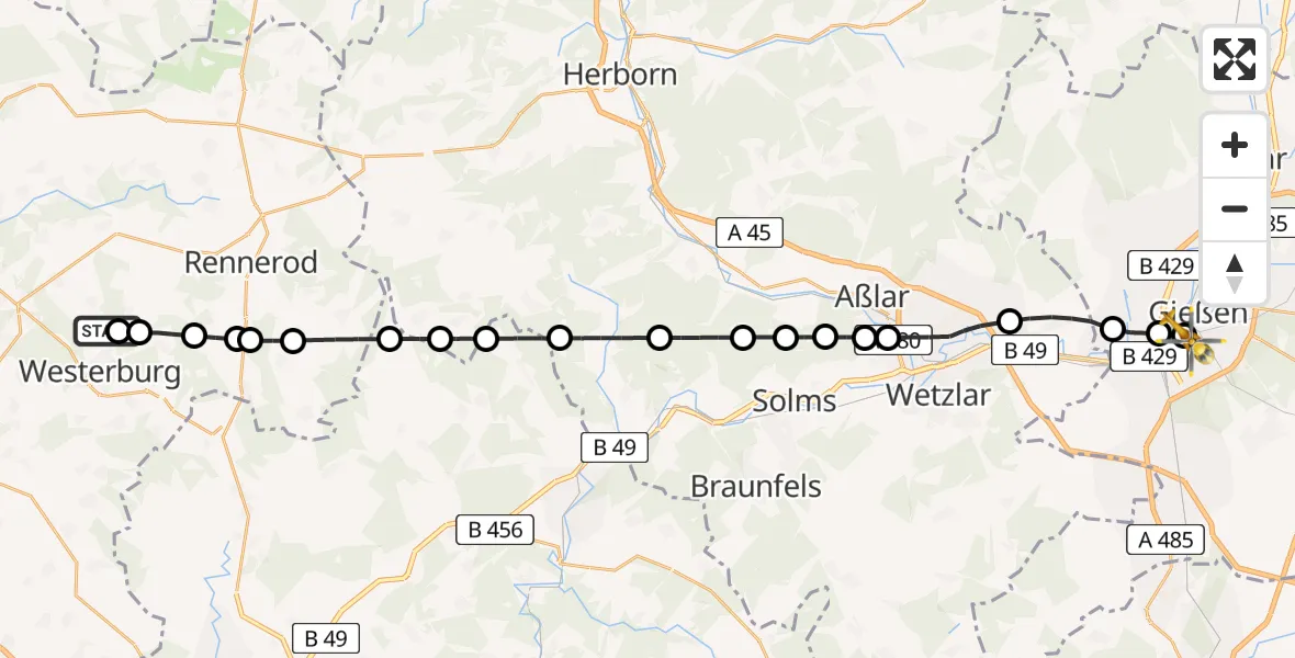 Flugroute Rettungshubschrauber Hergenroth - Gießen University Hospital, 01 Mai 2026, 17:18