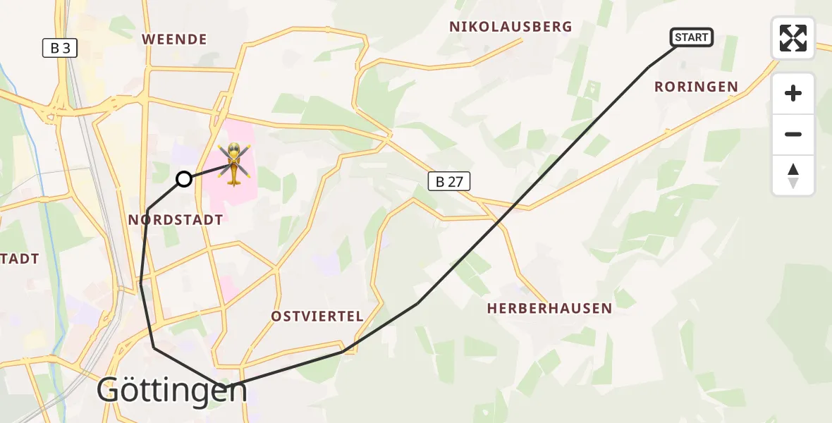 Flugroute Rettungshubschrauber Göttingen - Göttingen University Clinic Hubschrauberlandeplatz, 01 Mai 2026, 17:24