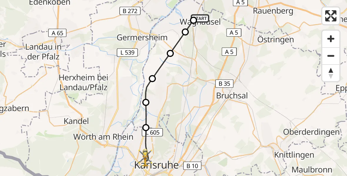 Flugroute Rettungshubschrauber Oberhausen-Rheinhausen - Karlsruhe, 01 Mai 2026, 17:25