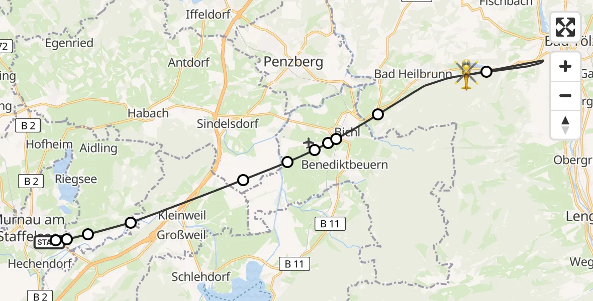 Flugroute Rettungshubschrauber Murnau Accident Hospital - Bad Heilbrunn, 01 Mai 2026, 17:28