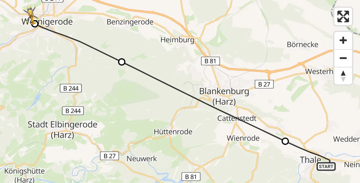 Flugroute Rettungshubschrauber Thale - Harz Hospital Wernigerode Hubschrauberlandeplatz, 01 Mai 2026, 17:29