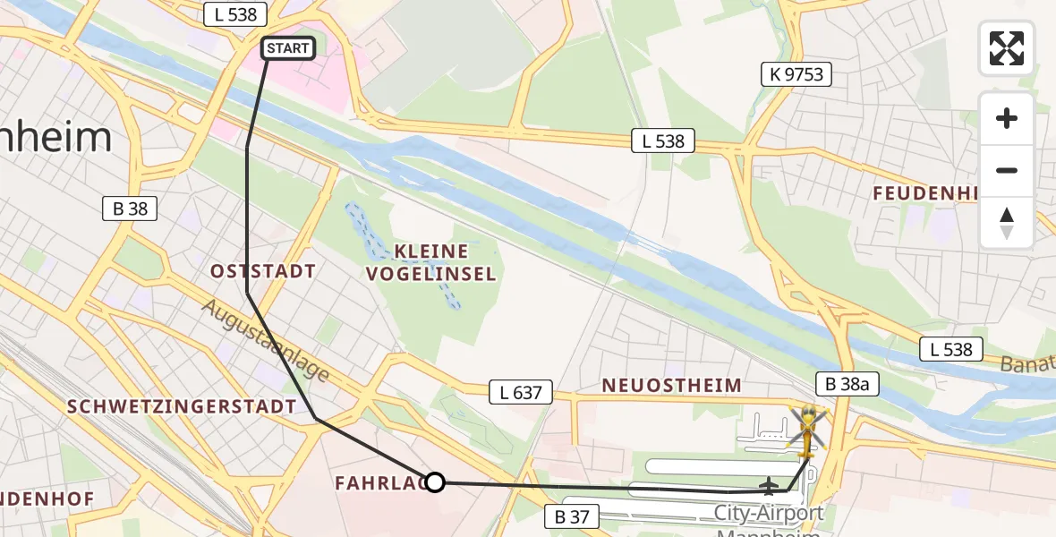 Flugroute Rettungshubschrauber Mannheim - Mannheim-City Flughafen, 01 Mai 2026, 17:34