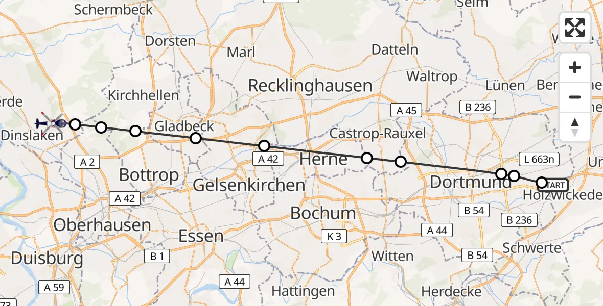 Flugroute Polizeihubschrauber Dortmund Flughafen - Dinslaken, 01 Mai 2026, 17:37